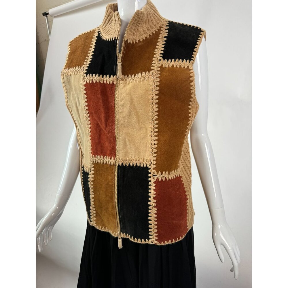 Vintage Designers Studio 90s Patchwork Sleeveless Vest With Zipper & Crochet Det